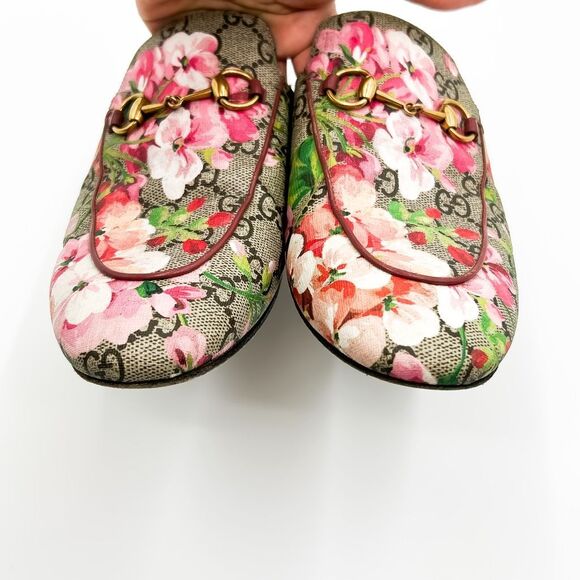 Gucci Princetown Pink Bloom Supreme GG Horsebit Mules Slippers Canvas Loafers - Picture 9 of 12